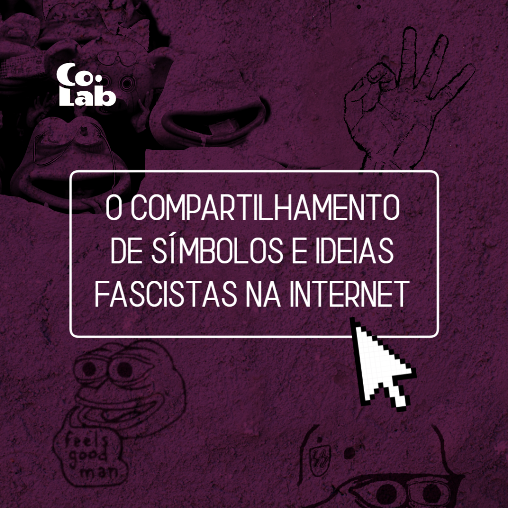 Fundo roxo, com a frase no centro "O compartilhamento de ideais fascistas na internet"