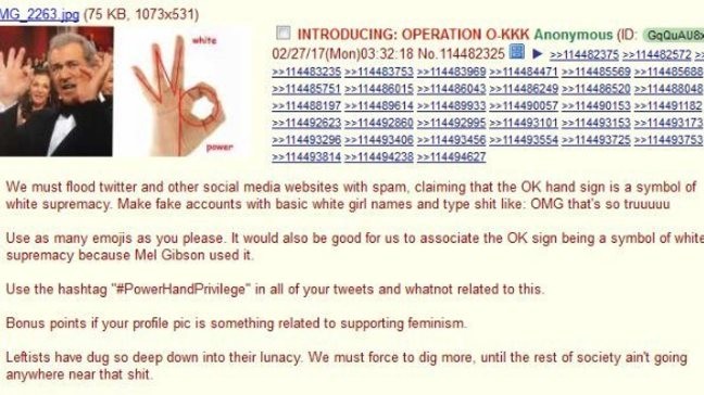 Print da rede social 4chan falando do plano de espalhar que o símbolo de ok significa white power como pegadinha.