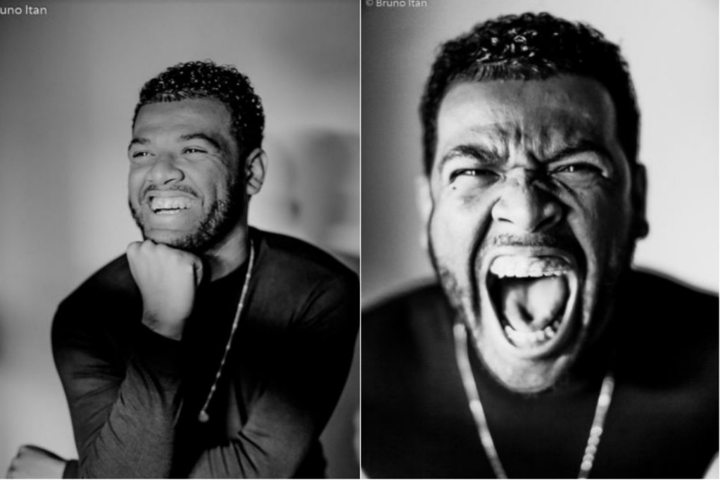 Rene avalia pandemia nas favelas. Há duas fotos de Rene Silva, um homem negro de cabelo escuro e com barba curta. As duas fotos estão em preto e branco e na imagem da esquerda Rene está sorrindo com o queixo apoiado no punho. Na foto da direta, Rene está gritando. Rene veste uma blusa de manga comprida preta e tem um cordão pendurado no pescoço.