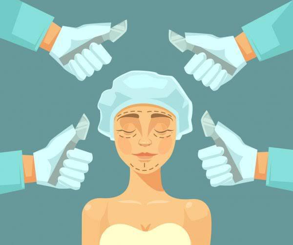 Desenho de paciente de rosto marcado antes de um procedimento cirúrgico e quatro mãos diferentes segurando bisturis sobre um fundo azul