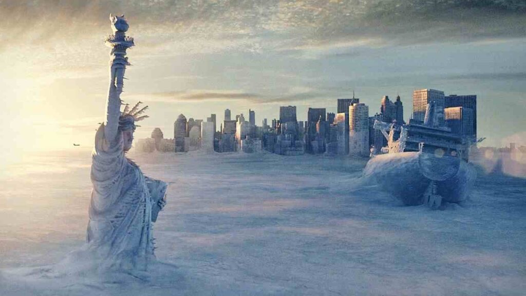 Cena do filme citado por Emílio em que mostra a cidade de Nova Iorque e a Estátua da Liberdade cobertas de neve