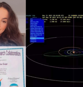 Foto de Laysa, ela é uma mulher jovem, com cabelos longos e escuros e olhos castanhos. Ela dá um meio sorriso e segura um certificado da NASA. Na imagem ao lado, uma foto de seu asteroide.