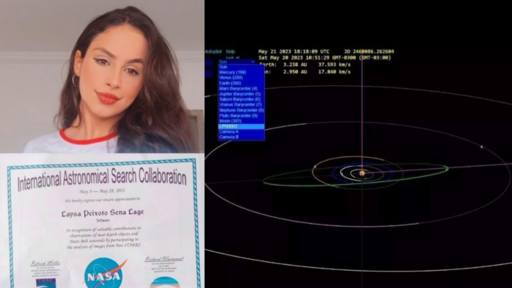 Foto de Laysa, ela é uma mulher jovem, com cabelos longos e escuros e olhos castanhos. Ela dá um meio sorriso e segura um certificado da NASA. Na imagem ao lado, uma foto de seu asteroide.