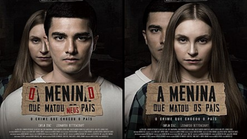 Colagem de dois pôsteres de filmes. À esquerda, 'O Menino Que Matou Meus Pais', com um homem em primeiro plano e uma mulher no segundo; e à direita, "A Menina Que Matou os Pais', com uma mulher em primeiro plano e um homem em segundo. A mulher é a representação de Suzane Von Richthofen e o homem é a representação de Daniel Cravinhos.