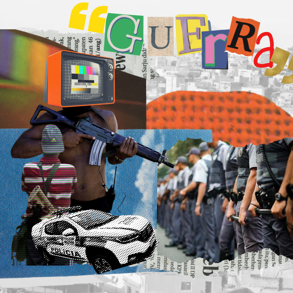 Ilustração com o título de "Guerra" apresenta colagens de imagens: Uma delas um homem negro segurando uma arma de forte calibre, um esquadrão da polícia, uma viatura da Polícia Militar, além de uma montagem de uma imagem do Aglomerado da Serra.