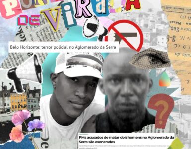 Montagem com o título da matéria, noticias de jornais e sites e a foto dos moradores assassinados no aglomerado da Serra. Introduz e apresenta elementos no texto.