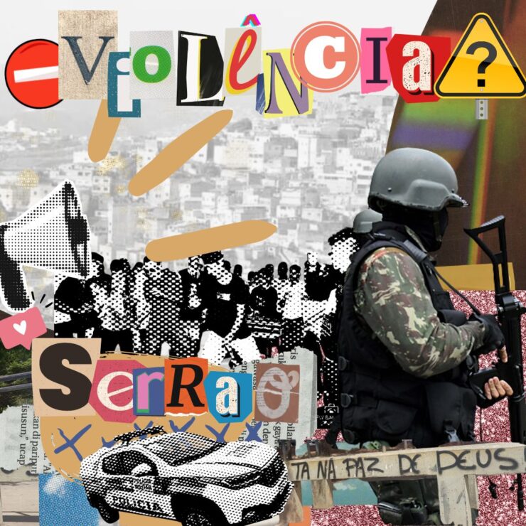 A imagem é uma colagem com diversos elementos que se relacionam com o tema da matéria. Podemos observar uma imagem ampla do aglomerado como pano de fundo, sobreposto por um escrito "menos violência?" em letras variadas simulando um papel colorido. Também temos a presença de uma imagem de um homem de capacete preto e vestindo uma farda militar segurando um rifle em sua mão. Uma fotografia de uma pichação com "tá na paz de Deus" escrito, em uma mureta. Um megafone desenhado branco e grande colado na imagem e próximo dele temos uma fotografia de uma viatura da polícia em preto e branco.