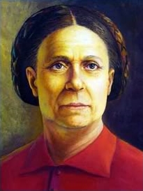 Pintura em cores de Bárbara de Alencar,  uma mulher branca, que apresenta um penteado em tranças e vestimenta vermelha.