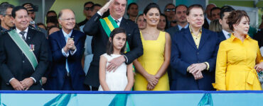 No centro da imagem, Jair Bolsonaro faz gesto de continência com a mão direita enquanto esboça um sorriso. Com a mão esquerda ele abraça sua filha Laura que esboça uma reação de descontentamento. À esquerda do presidente estão, em ordem, a primeira dama Michele Bolsonaro, o ex apresentador Silvio Santos e sua esposa Íris Abravanel. Já à direita de Bolsonaro, estão Edir Macedo e o vice-presidente Hamilton Mourão.