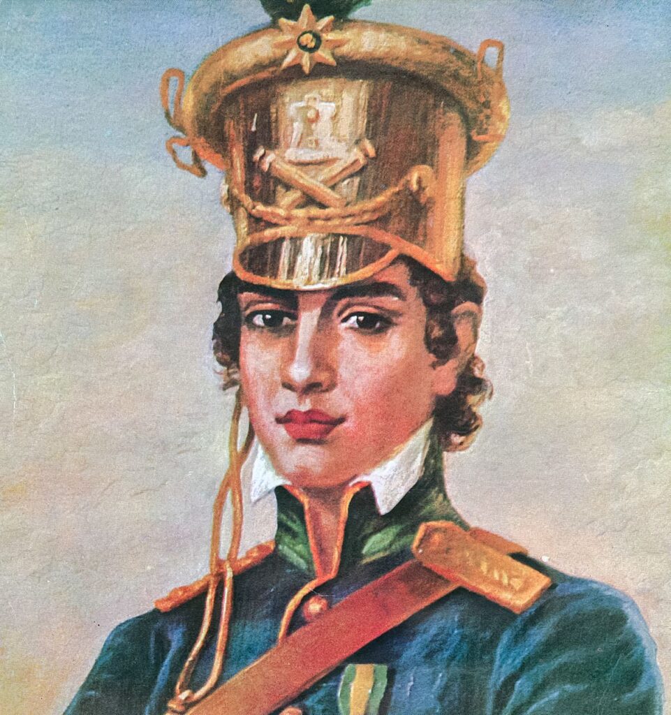 Pintura em cores de Maria Quitéria, mulher branca que apresenta uma veste militar.