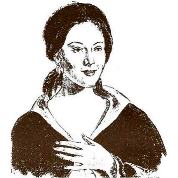 Ilustração em preto e branco de Hipólita Jacinta Teixeira de Melo. 
A mulher se encontra sorridente, virada levemente para o lado e com a mão em seu colo. 