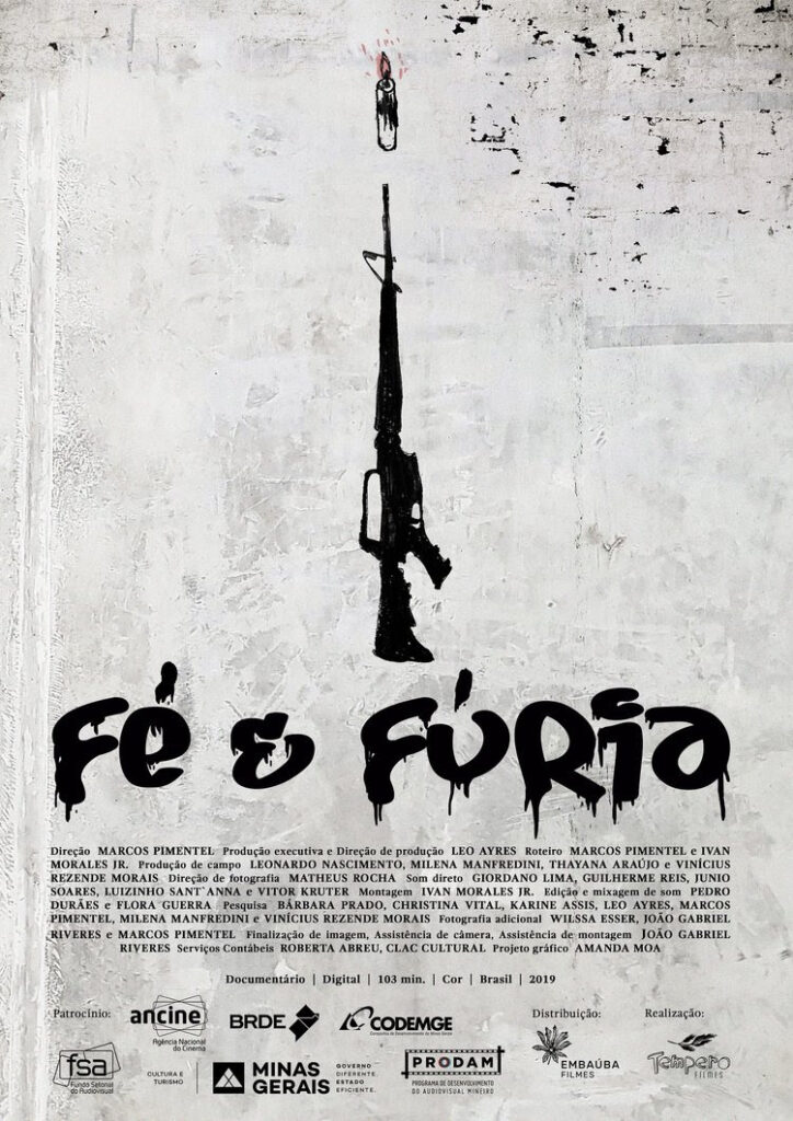 poster de divulgação do filme mostra fuzil desenhado e o título fé e fúria escrito em preto