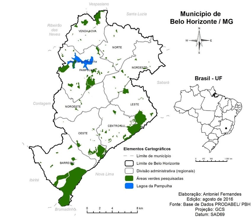 Mapa branco com manchas verdes representam locais com áreas verdes. Também mostra que Região Centro-Sul e Pampulha possuem uma variedade de áreas verdes disponíveis, já Norte e Noroeste carecem desses locais em Belo Horizonte 