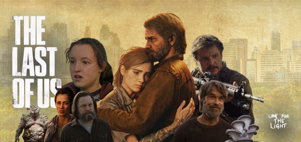 No centro da foto, os personagens do jogo Joel e Ellie se abraçam. Ao lado dos dois, existem vários personagens da série televisiva e do jogo. No canto esquerdo, lê-se The Last Of Us. No canto inferior direito lê-se Look for the light. O fundo da imagem é uma cidade pós infecção.