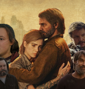 No centro da foto, os personagens do jogo Joel e Ellie se abraçam. Ao lado dos dois, existem vários personagens da série televisiva e do jogo. No canto esquerdo, lê-se The Last Of Us. No canto inferior direito lê-se Look for the light. O fundo da imagem é uma cidade pós infecção.