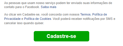 Captura de tela, de fundo branco, da mensagem de aviso que aparece na inscrição de usuário no Facebook.