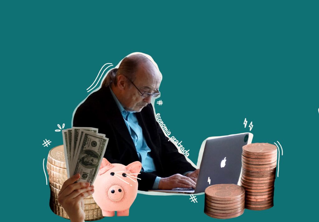 Colagem digital colorida. Um idoso trabalha em um computador. Ao lado dele, pilhas de moedas de cédulas e um cofrinho.