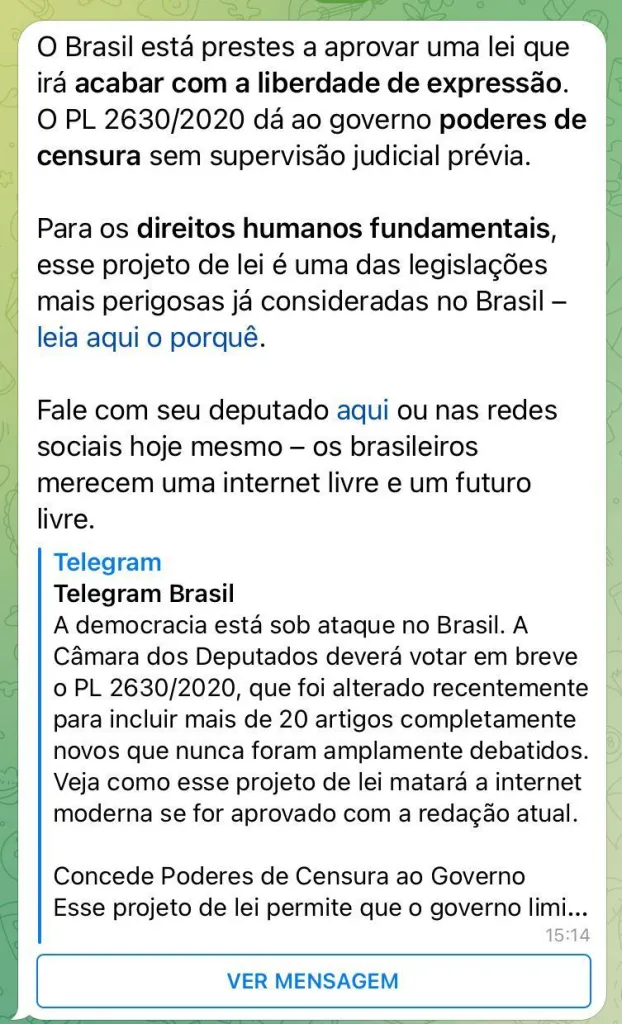 Alt: Print de tela com mensagem crítica ao PL 2630 que o Telegram direcionou aos usuários.