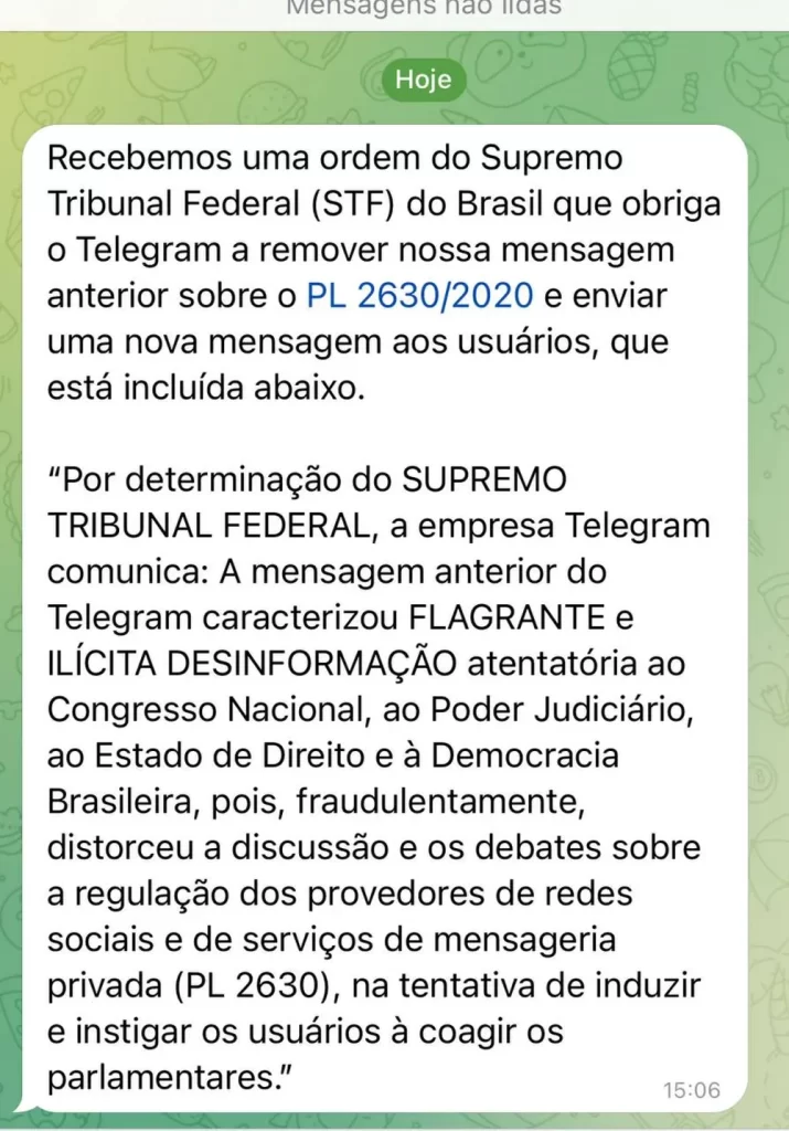 Alt: Print de tela com mensagem de retratação do Telegram aos usuários.