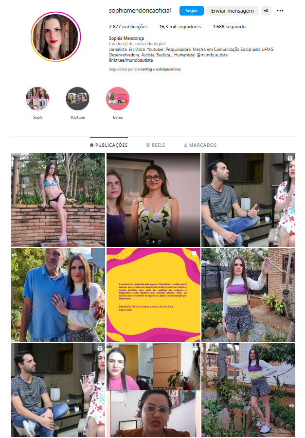 A imagem é um print de tela do perfil da Sophia Mendonça do Instagram, com uma sequência de fotos da influenciadora.