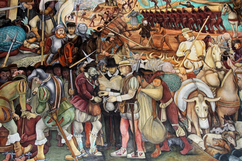 Pintura muralista colorida elaborada pelo artista mexicano Diego Rivera