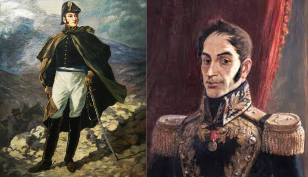 Duas pinturas coloridas. Na esquerda, San Martín, com vestes militares, olha para o horizonte em um cenário montanhoso. Na direita, um retrato de Simón Bolívar com veste militares e uma cortina no fundo.