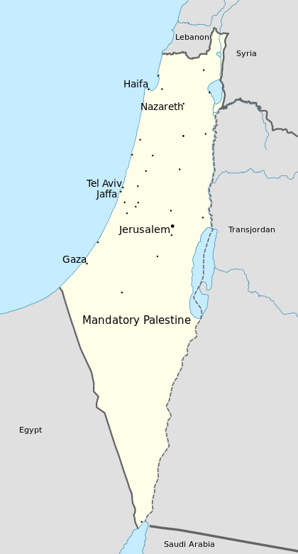 A imagem mostra um mapa da Palestina em 1946, durante o Mandato Britânico. O mapa é dividido em várias regiões, que estão em cinza claro, incluindo o Líbano, a Síria, a Transjordânia, o Egito e a Arábia Saudita. As cidades e vilas importantes da Palestina também são identificadas, com fundo amarelo, incluindo Haifa, Nazaré, Tel Aviv, Jaffa e Jerusalém. Em azul claro, à esquerda, tem o Mar Mediterrâneo
