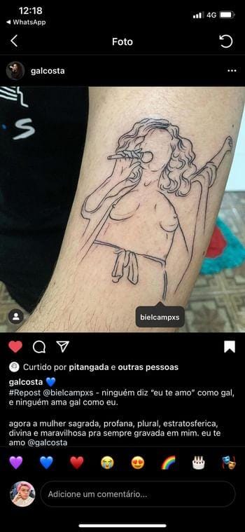 Print da repostagem da foto da tatuagem do fã Gabriel no instagram da cantora Gal Costa 