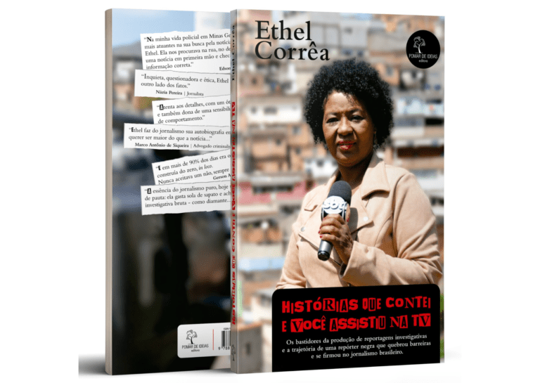 Capa do livro de Ethel, com uma favela ao fundo desfocada e ela, em primeiro plano, com um microfone na mão, com agasalho bege e um microfone escrito “SBT” na mão. 