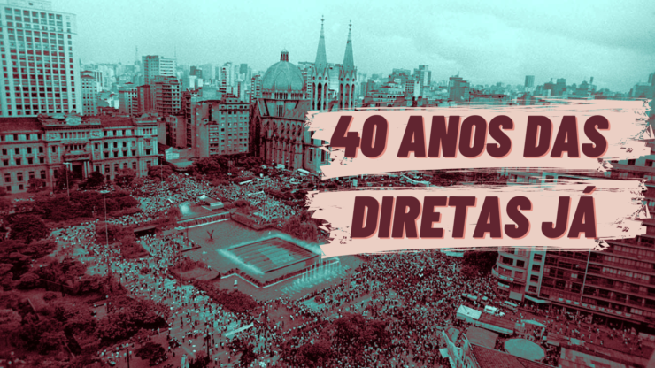 Fotomontagem com a imagem da Praça da Sé ao fundo em dia de protesto pelas Diretas Já, em 1984. À frente, os dizeres do título da série em caixa alta: 40 ANOS DAS DIRETAS JÁ