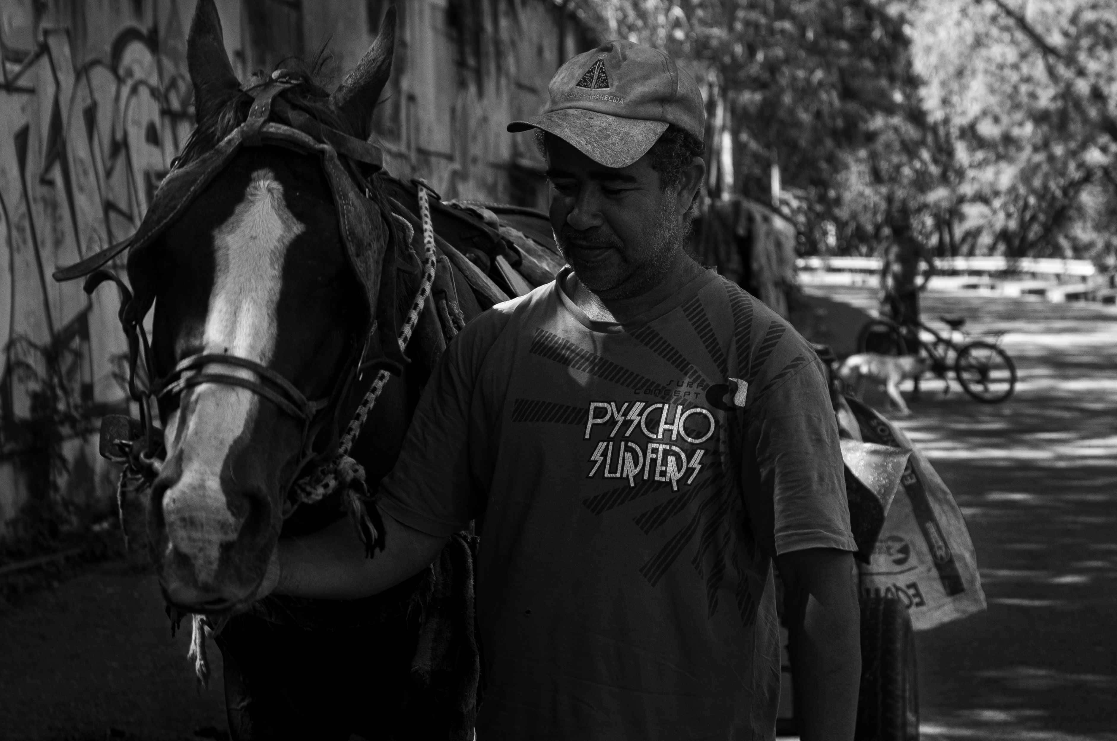 Carroceiro em pé ao lado do seu cavalo em uma rua de Belo Horizonte.