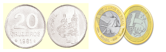 À esquerda, duas moedas de 20 cruzeiros em um fundo amarelo, que circulavam em 1981. À direita, duas moedas de 1 real, que passaram a circular a partir de 1994.