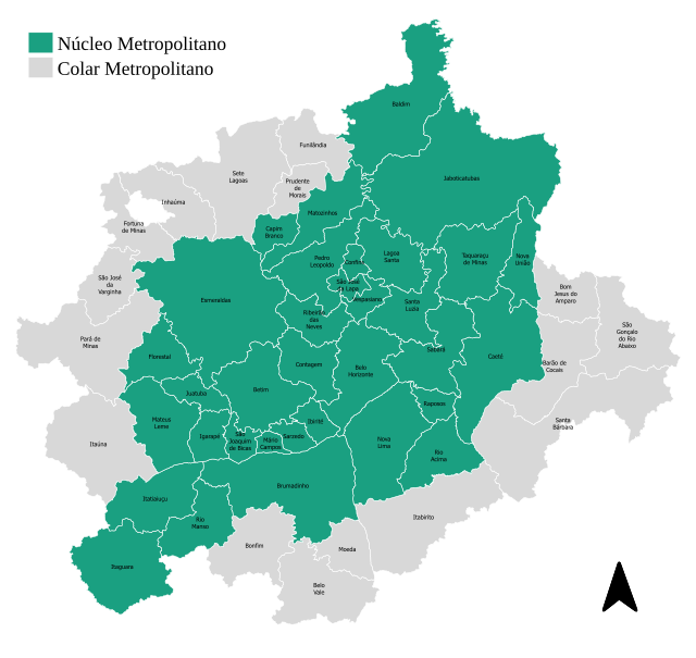 Mapa das cidades da Região Metropolitana de Belo Horizonte juntamente com seu Colar Metropolitano