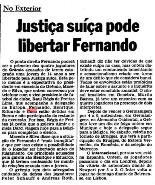 Nota sobre o Escândalo de Berna publicada em 06/08/1987 pelo Estadão com o título "Justiça Suíça pode libertar Fernando"