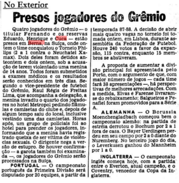 Nota sobre o Escândalo de Berna publicada em 01/08/1987 pelo Estadão com o título "Presos jogadores do Grêmio"