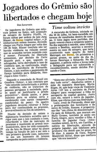 Matéria publicada sobre o Escândalo de Berna no Jornal Folha de São Paulo em agosto de 1987 com título: "Jogadores do Grêmio são libertados e chegam hoje