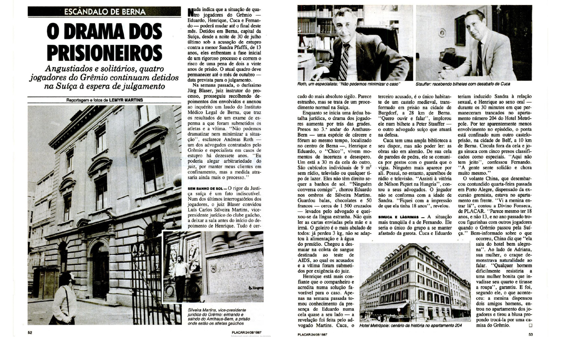 Matéria sobre o Escândalo de Berna publicada em 24/08/1987 pela Placar com o título "O drama dos prisioneiros"