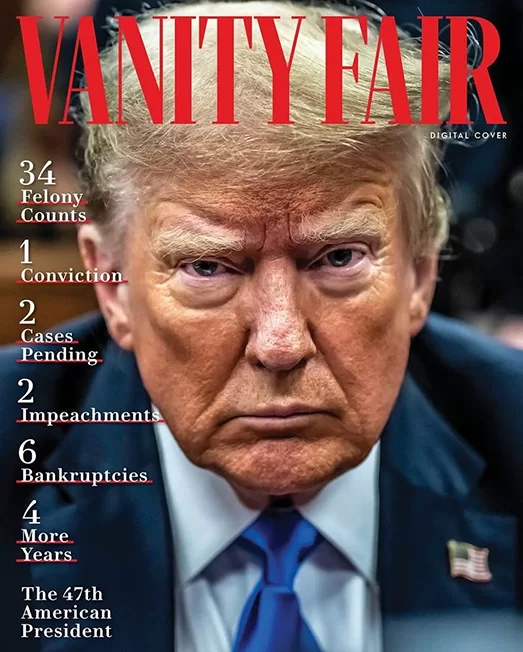 Capa da revista digital Vanity Fair, que tem como foco central o rosto de Donald Trump. Ele é um homem branco, idoso, tem cabelos loiros e usa um terno azul marinho com gravata de mesma cor, porém de tonalidade mais clara. O olhar é fixo para frente com semblante de seriedade. À esquerda da imagem a revista traz a cobertura dessas polêmicas, como nos blocos “casos pendentes”, “Impeachments” e “falências”.