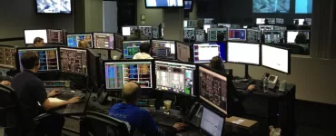 Sala com câmeras de segurança monitorando a cidade