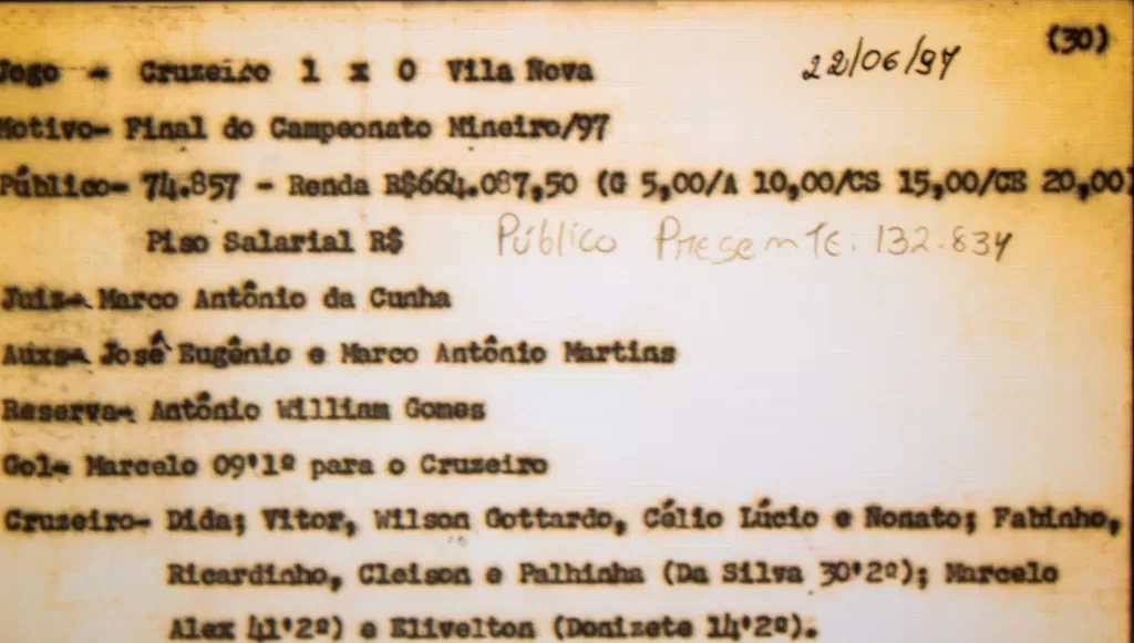 Parte da súmula de uma partida realizada entre Cruzeiro e Villa Nova no ano de mil novecentos e noventa e sete, mostrando o público pagante, renda, arbitragem e os jogadores que atuaram no time do Cruzeiro.