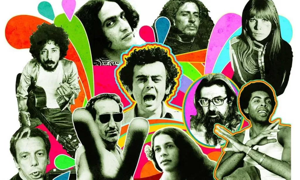  Imagem gráfica colorida com recortes dos artistas tropicalistas em preto e branco. No alto, Caetano, Torquato Neto e Rita Lee; no meio, Tom Zé, Glauber Rocha, Rogério Duprat e Gil

