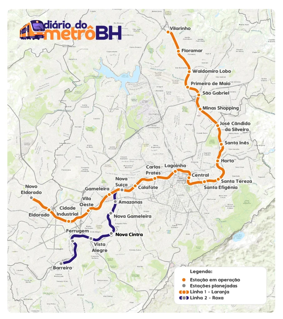 Mapa com a configuração das estações previstas para a Linha 2 do Metrô de Belo Horizonte.