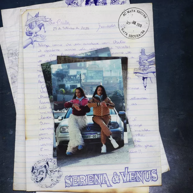 Capa do álbum de Tasha & Tracie mostrando as duas artistas lado a lado, com expressões firmes e roupas de estilo urbano, em um cenário de tons fortes que representa sua identidade e força no rap brasileiro
