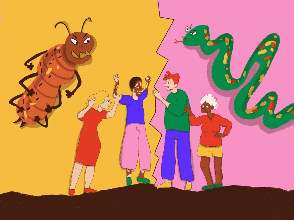 Ilustração mostrando quatro pessoas brigando, uma mulher e um homem de um lado representando um cupim, uma mulher e um homem de outro lado representando a cascavel