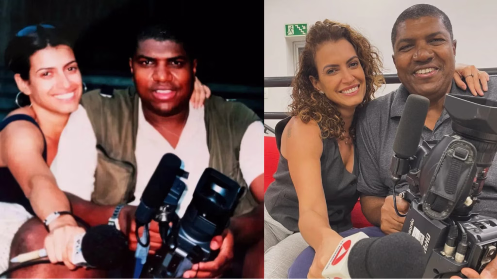 Montagem com duas fotografias lado a lado. Na imagem à esquerda, um homem negro (Adilson Oliveira) e uma mulher de cabelos escuros (Nathália Bini), posam juntos em um ambiente escuro segurando equipamentos de reportagem antigos. Na imagem à direita, os dois aparecem anos depois, sorrindo e abraçados em um estúdio iluminado, com câmera profissional e microfones à frente.