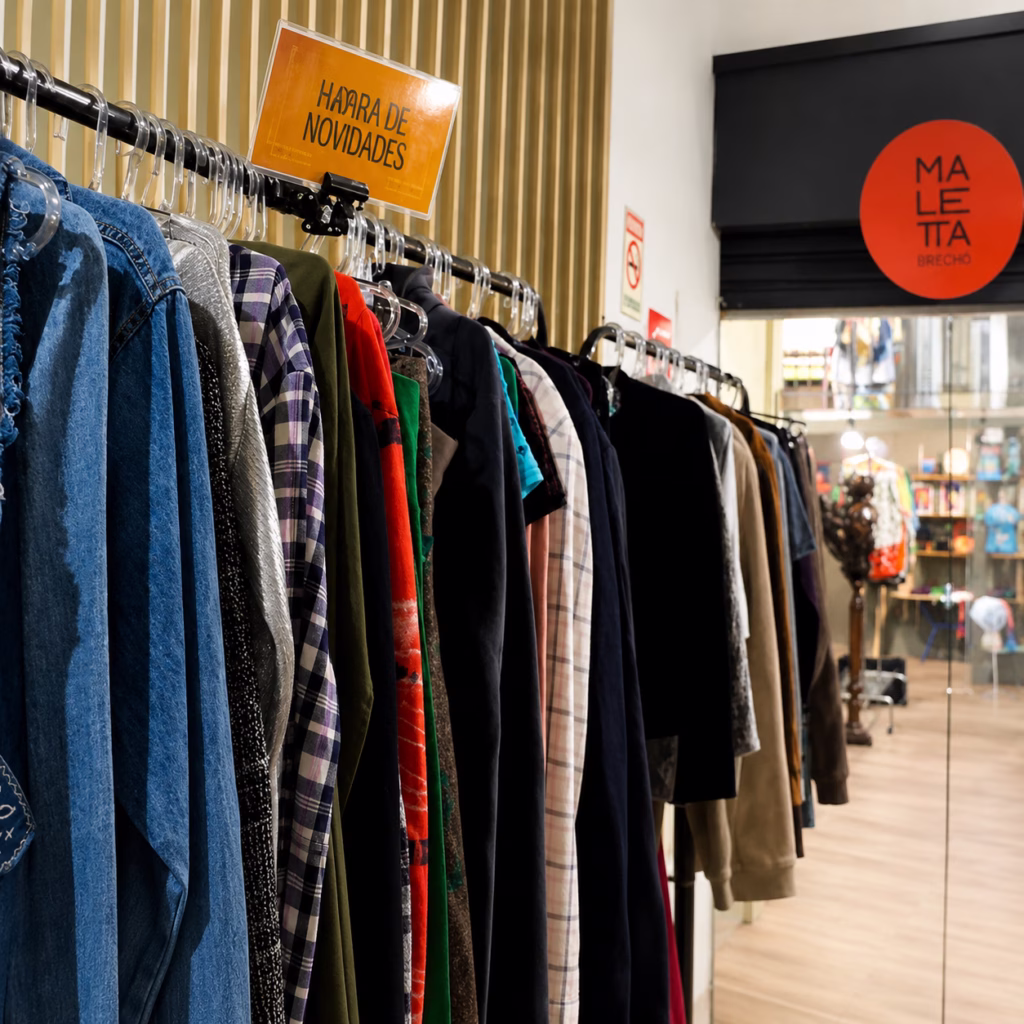 Araras com roupas e peças de vestuário expostas no interior da Maletta Criativa.