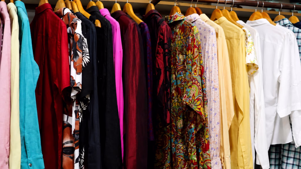 Peças de roupa expostas para venda no Cora Brechó.