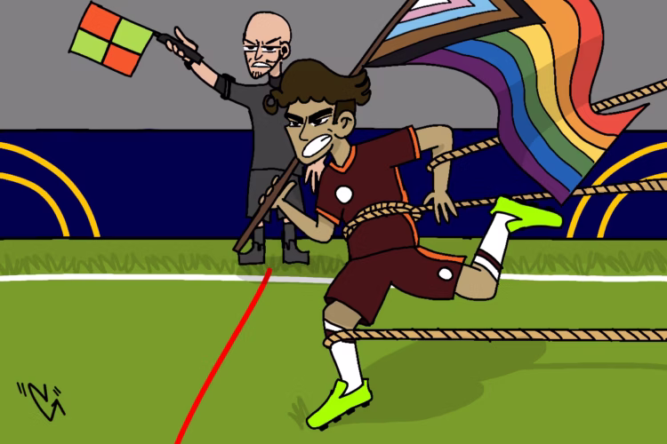 Desenho digital de um atleta de futebol correndo em direção a uma suposta oportunidade de receber uma bola e sendo impedido por cordas que o puxam para atrás. Ele segura uma bandeira LGBT+. Apesar de não estar impedido, um juiz ao fundo imagem levanta a bandeirinha o declarando impedido. O rosto do atleta é de extremo esforço físico e o bandeirinha demonstra desgosto pelo atleta.